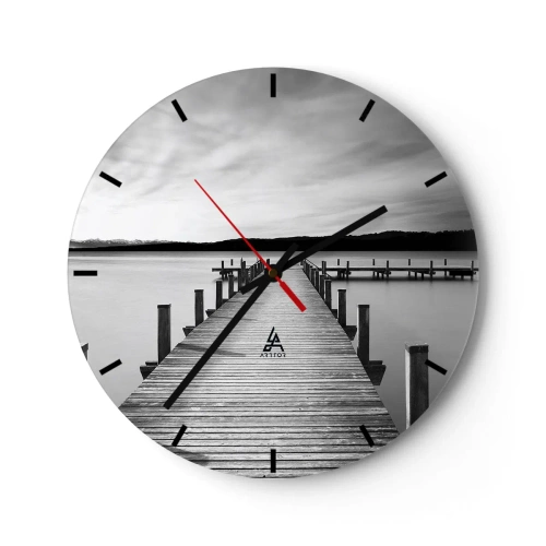 Ceas de perete - Ceas pe sticlă - Un dig de lemn care duce în adâncurile unui lac liniștit - 30x30cm - La adăpostul apei - pace - Decorațiune modernă pentru perete pentru living, bucătărie și dormitor ARTTOR