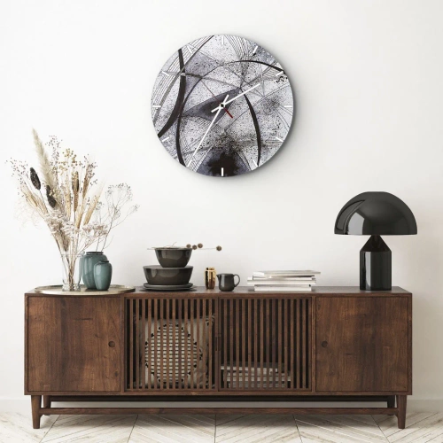Ceas de perete - Ceas pe sticlă - Abstracție alb-negru cu linii și pete dinamice - 30x30cm - O fantezie futuristă - Decorațiune modernă pentru perete pentru living, bucătărie și dormitor ARTTOR