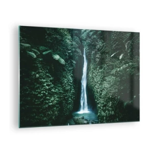 Tablou pe sticlă - O cascadă în mijlocul vegetației tropicale dense - 70x50cm - Băi tropicale - Decorațiune modernă pentru perete pentru living și dormitor ARTTOR