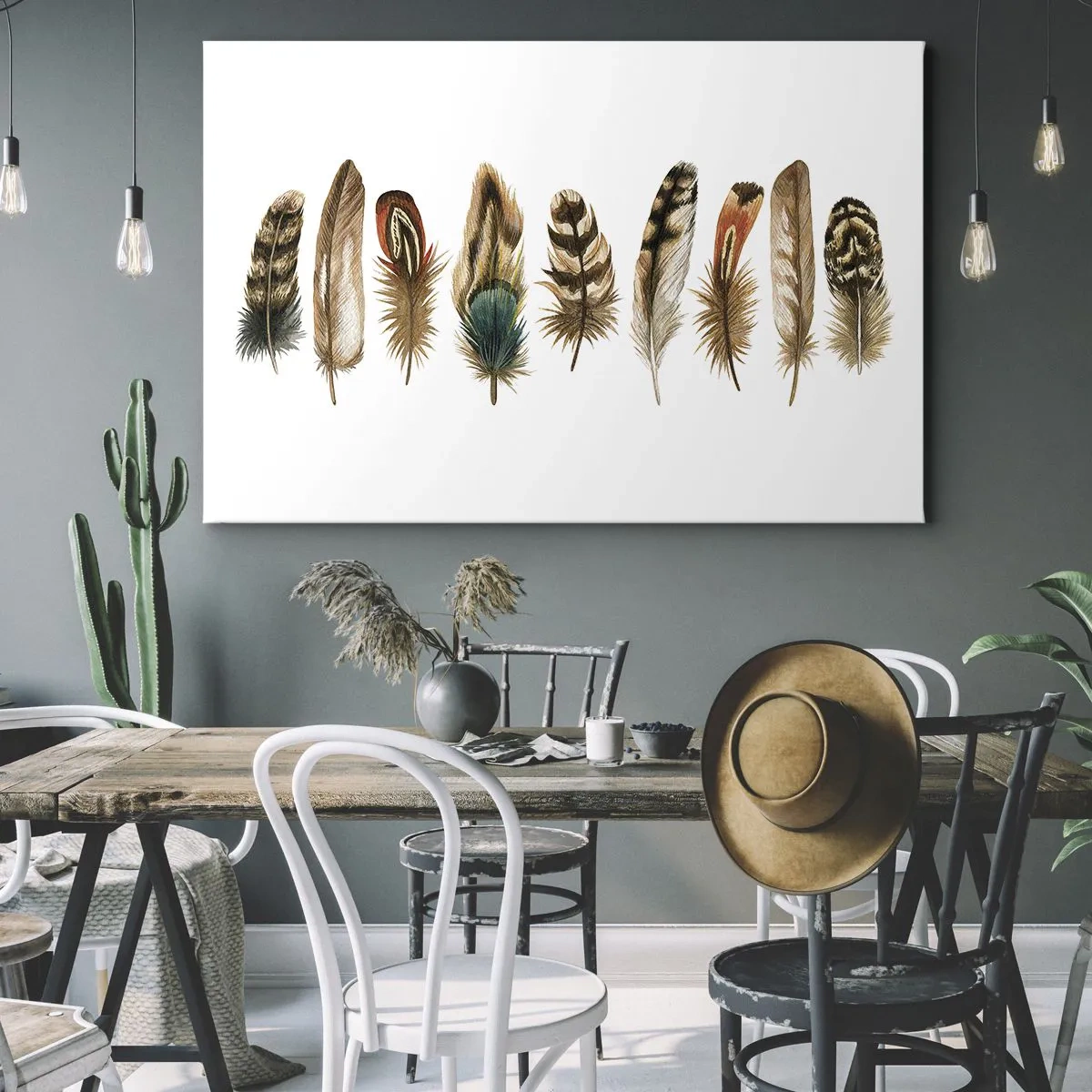 Tablou pe pânză Canvas - Motiv decorativ al unei colecții de pene diverse - 70x50cm - Variație cu pene - Decorațiune modernă pentru perete pentru living și dormitor ARTTOR