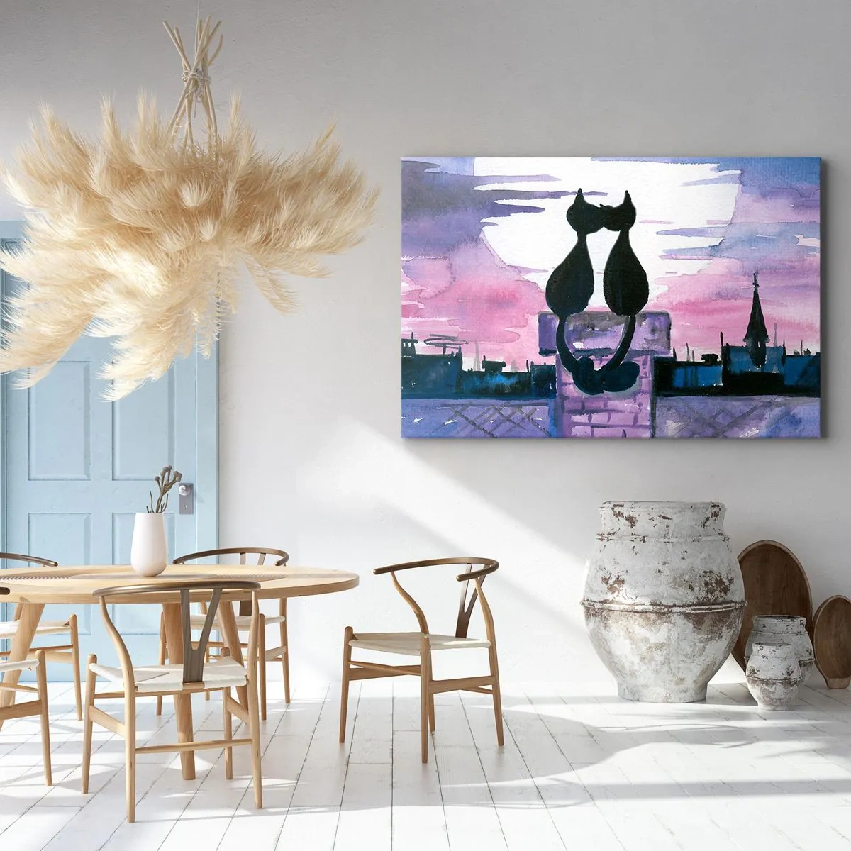 Tablou pe pânză Canvas - Pisici negre pe un acoperiș în lumina lunii, într-un decor de acuarelă - 70x50cm - Rendez-vous sub lună - Decorațiune modernă pentru perete pentru living și dormitor ARTTOR