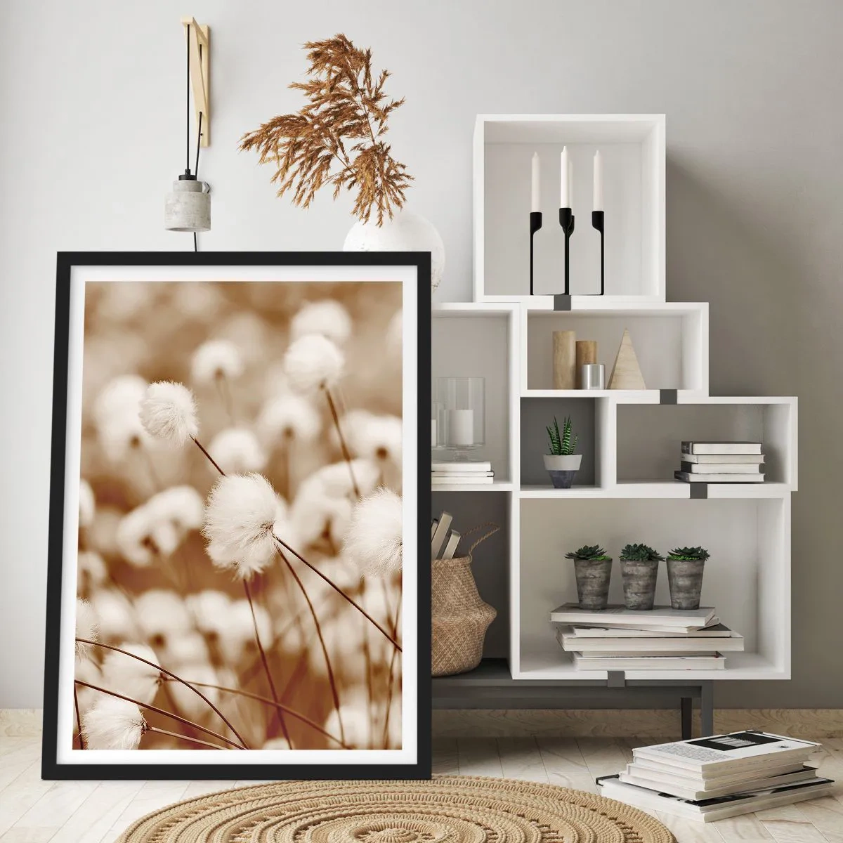 Poster în ramă neagră - Fire pufoase de iarbă într-o fotografie delicată - 50x70cm - Câmp pufos - Decorațiune modernă pentru perete pentru living și dormitor ARTTOR