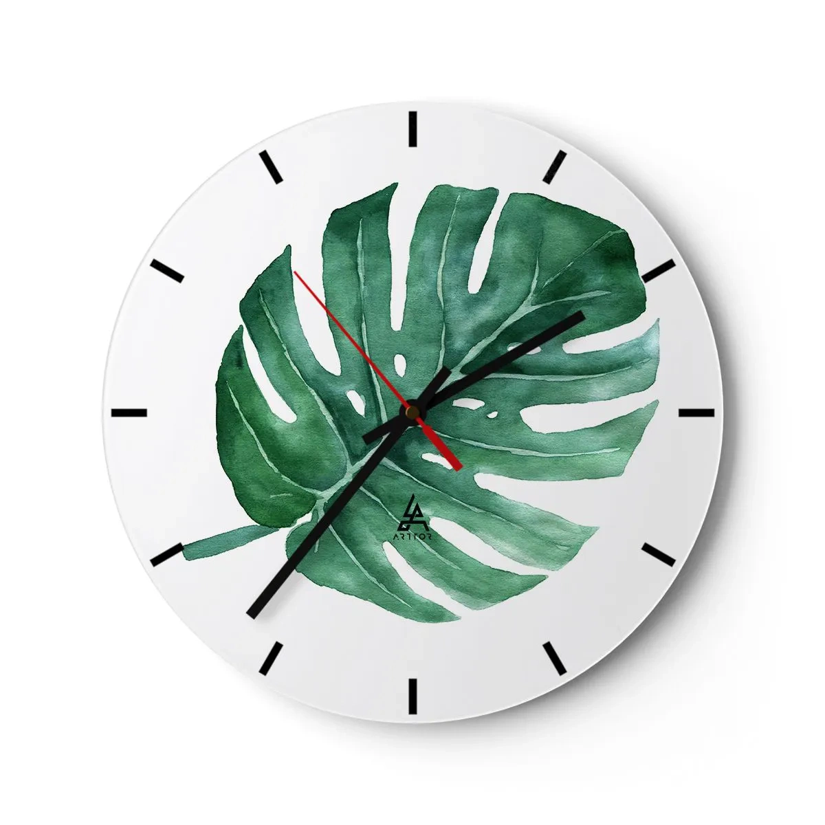 Ceas de perete - Ceas pe sticlă - Ilustrație în acuarelă a unei frunze de monstera - 30x30cm - Conceptul verde - Decorațiune modernă pentru perete pentru living, bucătărie și dormitor ARTTOR