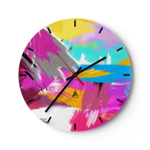 Ceas de perete - Ceas pe sticlă - Tușe de pensulă abstracte colorate - 30x30cm - Mâzgălituri cu pensula - Decorațiune modernă pentru perete pentru living, bucătărie și dormitor ARTTOR