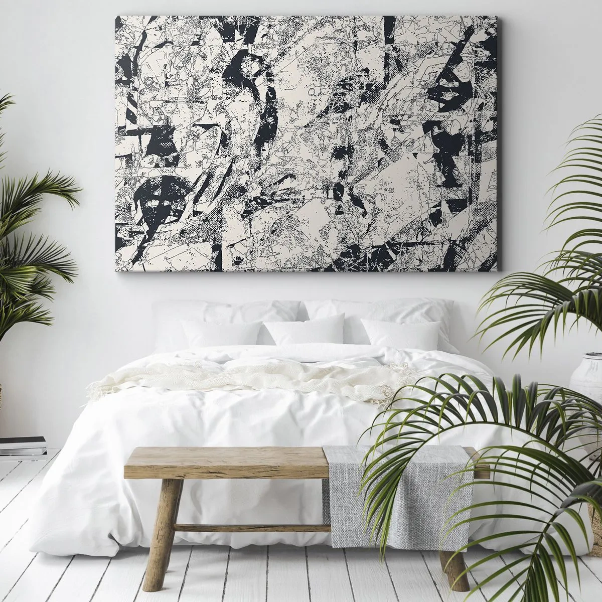 Tablou pe pânză Canvas - Compoziție abstractă în alb-negru cu un aspect dinamic - 70x50cm - Întrepătrunderea contrariilor - Decorațiune modernă pentru perete pentru living și dormitor ARTTOR