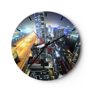 Ceas de perete - Ceas pe sticlă - Panoramă nocturnă a orașului cu zgârie-nori și lumini stradale - 30x30cm - Un miracol în deșert - Decorațiune modernă pentru perete pentru living, bucătărie și dormitor ARTTOR