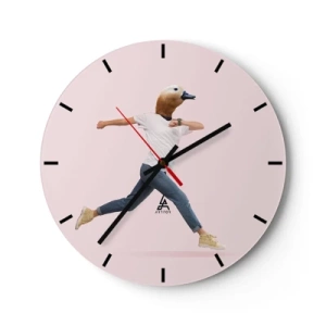 Ceas de perete - Ceas pe sticlă - O figură în mișcare cu un cap de pasăre pe un fundal luminos - 30x30cm - Un strop de absurditate - Decorațiune modernă pentru perete pentru living, bucătărie și dormitor ARTTOR