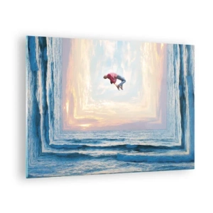 Tablou pe sticlă - Un bărbat sărind peste mare într-un cadru suprarealist - 70x50cm - Spre o altă dimensiune - Decorațiune modernă pentru perete pentru living și dormitor ARTTOR