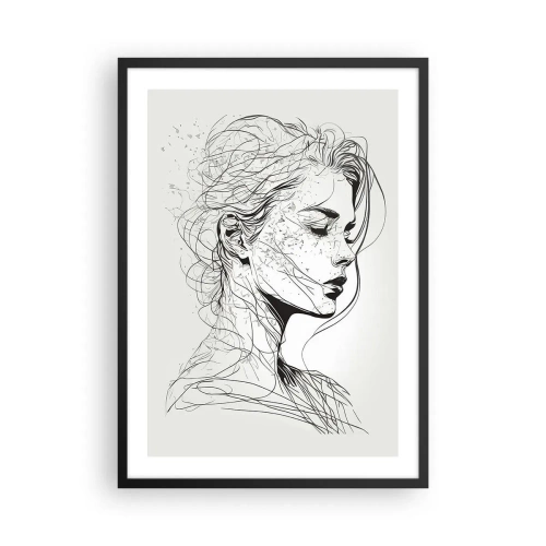 Poster în ramă neagră - O schiță a unei femei cu părul lung, creată într-un stil minimalist. - 50x70cm - Desenată cu linii - Decorațiune modernă pentru perete pentru living și dormitor ARTTOR
