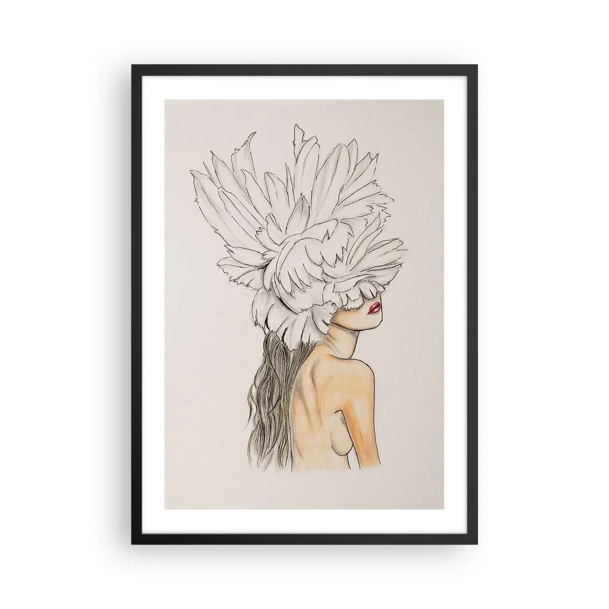 Poster în ramă neagră - Portret de femeie cu pălărie cu pene în stil artistic - 50x70cm - Frumusețe încoronată - Decorațiune modernă pentru perete pentru living și dormitor ARTTOR