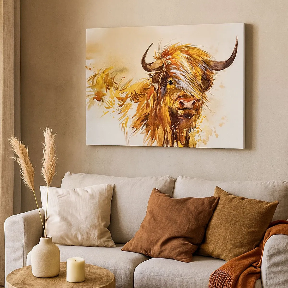 Tablou pe pânză Canvas - Portretul unui taur într-un stil artistic de acuarelă - 70x50cm - Mândria vânătorului - Decorațiune modernă pentru perete pentru living și dormitor ARTTOR