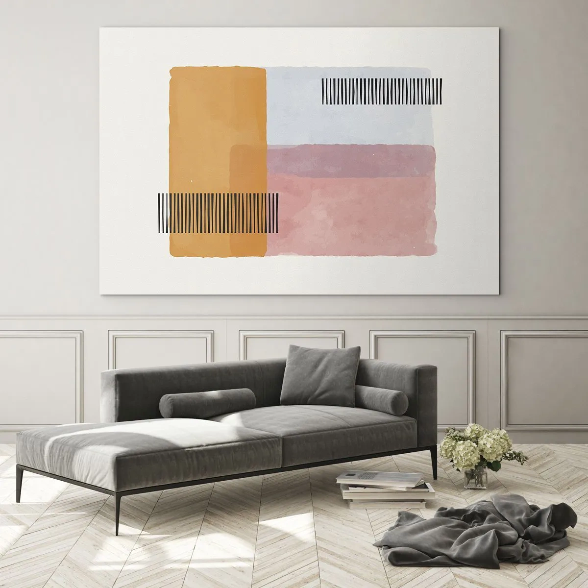 Tablou pe sticlă - Dreptunghiuri abstracte cu linii într-un stil minimalist - 70x50cm - Din colț în colț - Decorațiune modernă pentru perete pentru living și dormitor ARTTOR