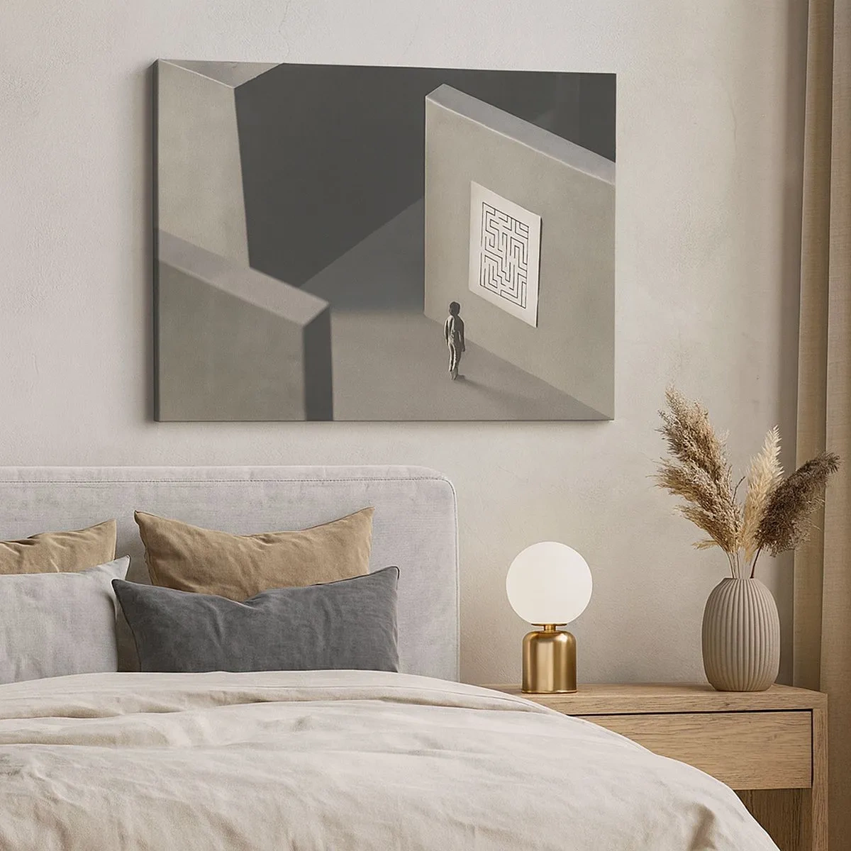 Tablou pe pânză Canvas - O figură într-un labirint care se uită la o hartă agățată - 70x50cm - Dar unde sunt? - Decorațiune modernă pentru perete pentru living și dormitor ARTTOR