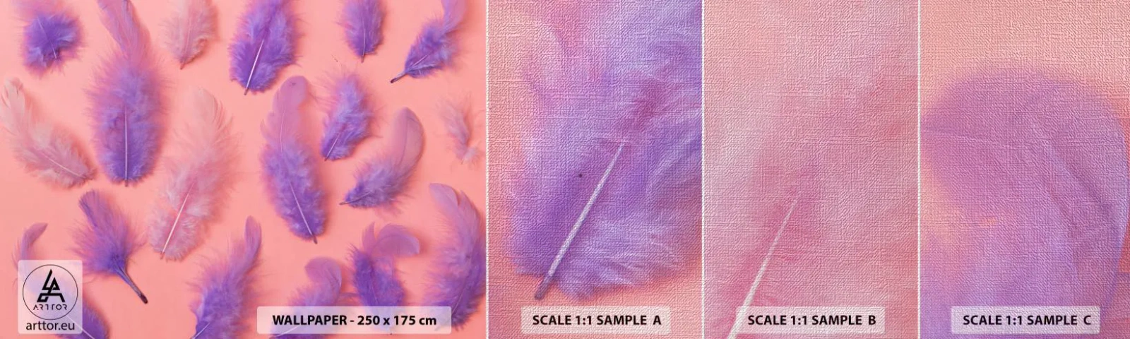 Mostră tapet Premium Canvas - Pasăre liliac de dorință - Pene de pasăre, Inspirație, Grafică - 100x30 cm