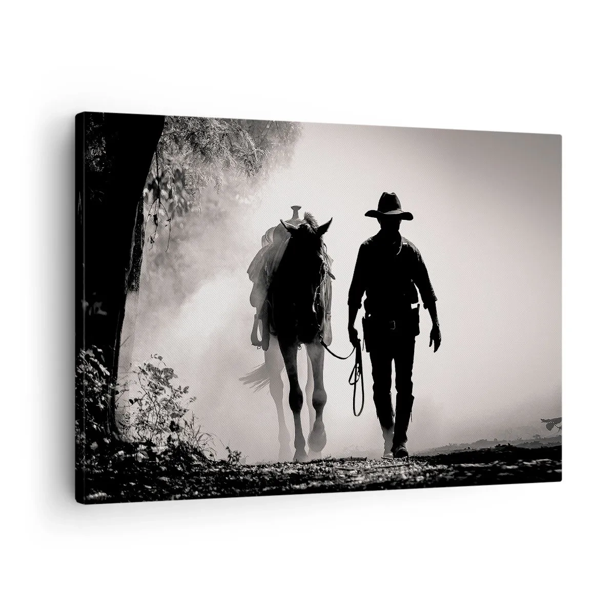 Tablou pe pânză Canvas - Cowboy cu cal în ceața dimineții - 70x50cm - Texas de dimineața - Decorațiune modernă pentru perete pentru living și dormitor ARTTOR