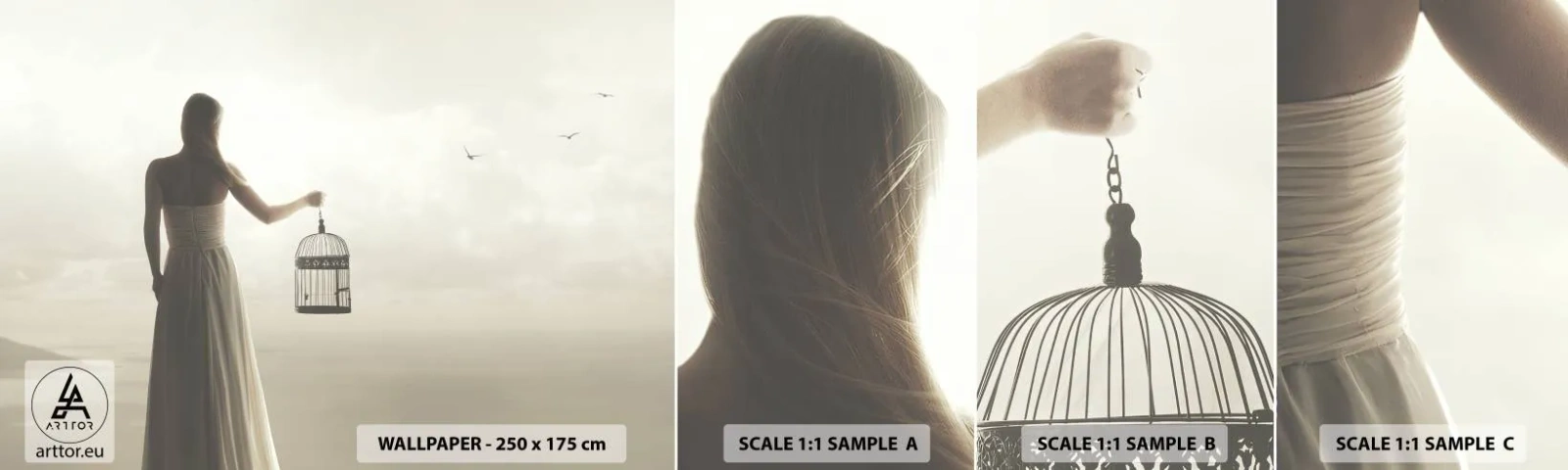 Mostră tapet autocolant Deluxe Sticker - Fii liberă - Femeie, Colivie, Pasăre - 100x30 cm