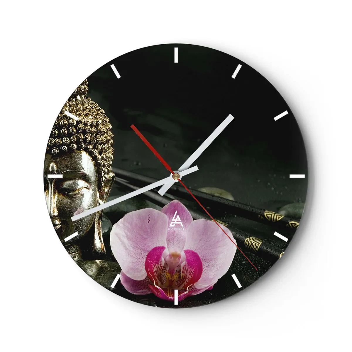 Ceas de perete - Ceas pe sticlă - Figură de Buddha cu o orhidee în stil oriental - 30x30cm - Armonie între înțelepciune și frumusețe - Decorațiune modernă pentru perete pentru living, bucătărie și dormitor ARTTOR
