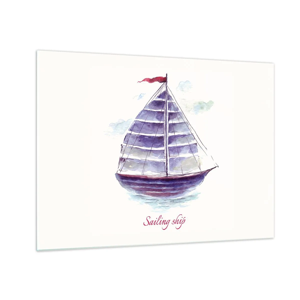 Tablou pe sticlă - Navă cu pânze în acuarelă cu inscripția Navă cu pânze - 70x50cm - Pânze pline și apă calmă - Decorațiune modernă pentru perete pentru living și dormitor ARTTOR