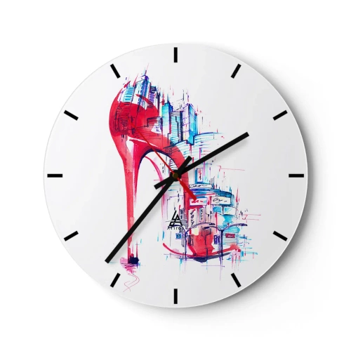 Ceas de perete - Ceas pe sticlă - Un stiletto roșu pe fundalul orizontului orașului - 30x30cm - Eleganta din marele oraș - Decorațiune modernă pentru perete pentru living, bucătărie și dormitor ARTTOR
