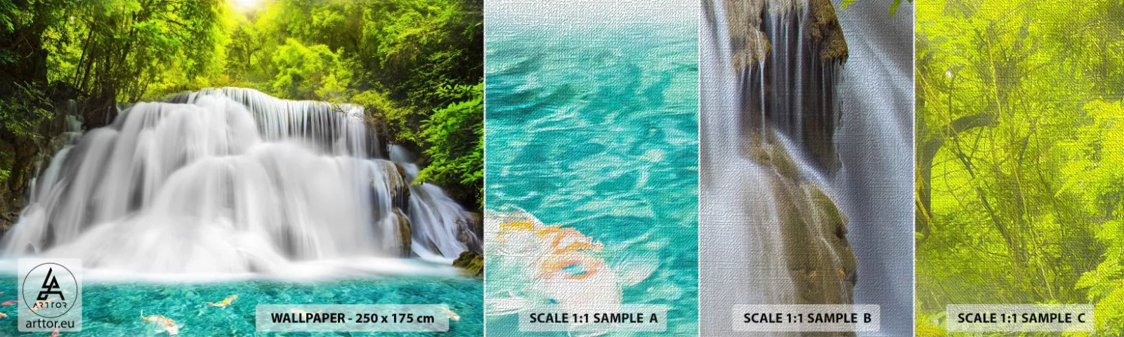 Mostră tapet Premium Canvas - O cascadă spumoasă de la verde la azur - Peisaj, Cascadă, parc național - 100x30 cm