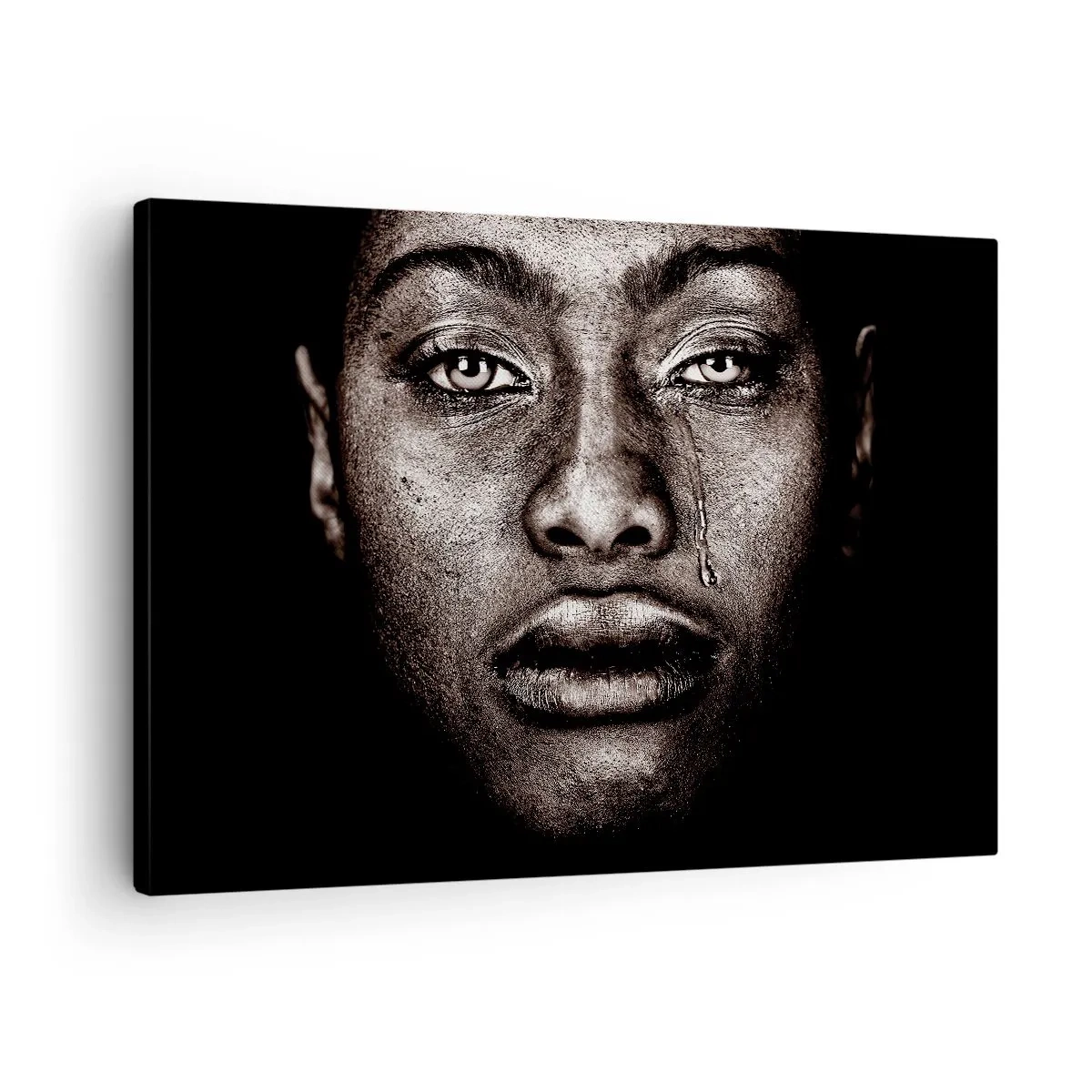 Tablou pe pânză Canvas - Portretul unei fețe cu o singură lacrimă pe fundal negru - 70x50cm - O singură lacrimă - Decorațiune modernă pentru perete pentru living și dormitor ARTTOR