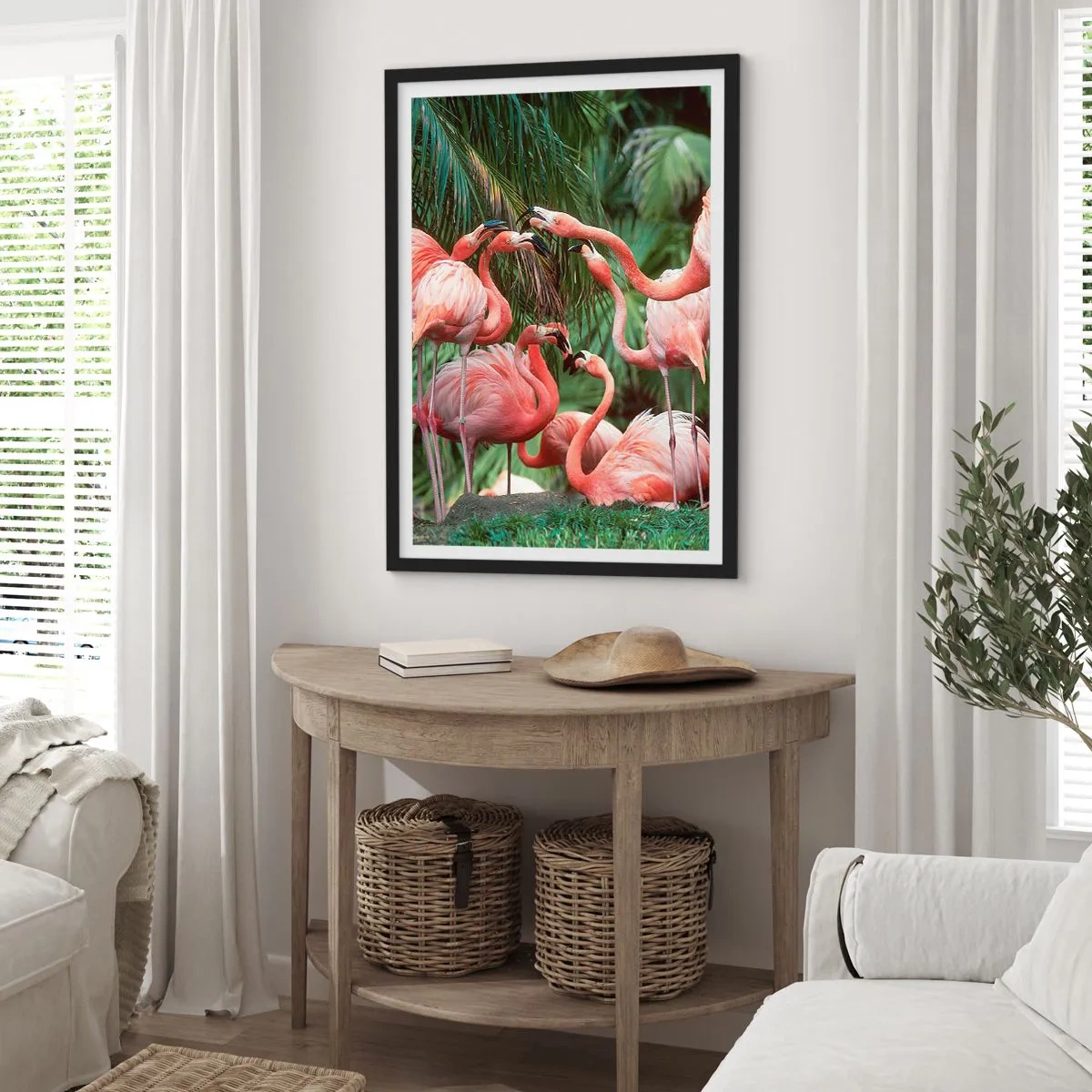 Poster în ramă neagră - Flamingi roz într-un cadru exotic de palmieri - 50x70cm - Bârfa de după-amiază - Decorațiune modernă pentru perete pentru living și dormitor ARTTOR