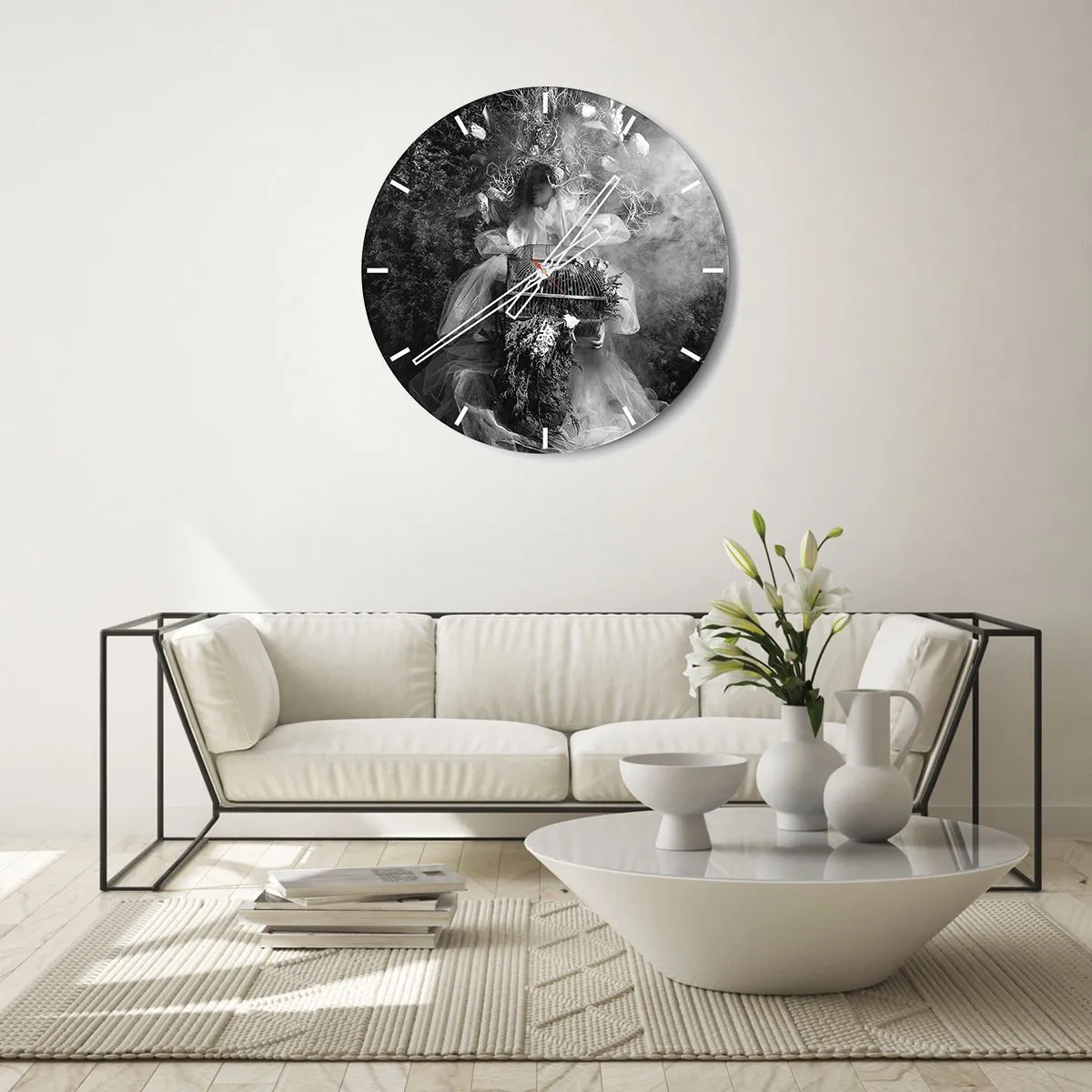 Ceas de perete - Ceas pe sticlă - Figură artistică cu o cușcă și o compoziție florală în fum - 30x30cm - Mama însăși - Natura - Decorațiune modernă pentru perete pentru living, bucătărie și dormitor ARTTOR