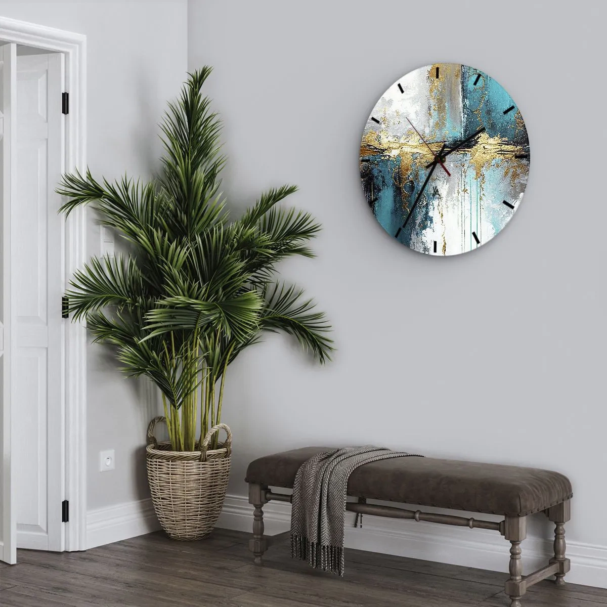 Ceas de perete - Ceas pe sticlă - Tușe abstracte de vopsea în turcoaz, alb și auriu - 30x30cm - Totul curge - Decorațiune modernă pentru perete pentru living, bucătărie și dormitor ARTTOR