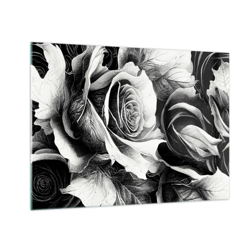 Tablou pe sticlă - Aranjament floral cu trandafiri alb-negru și detalii - 70x50cm - Mereu regina - Decorațiune modernă pentru perete pentru living și dormitor ARTTOR