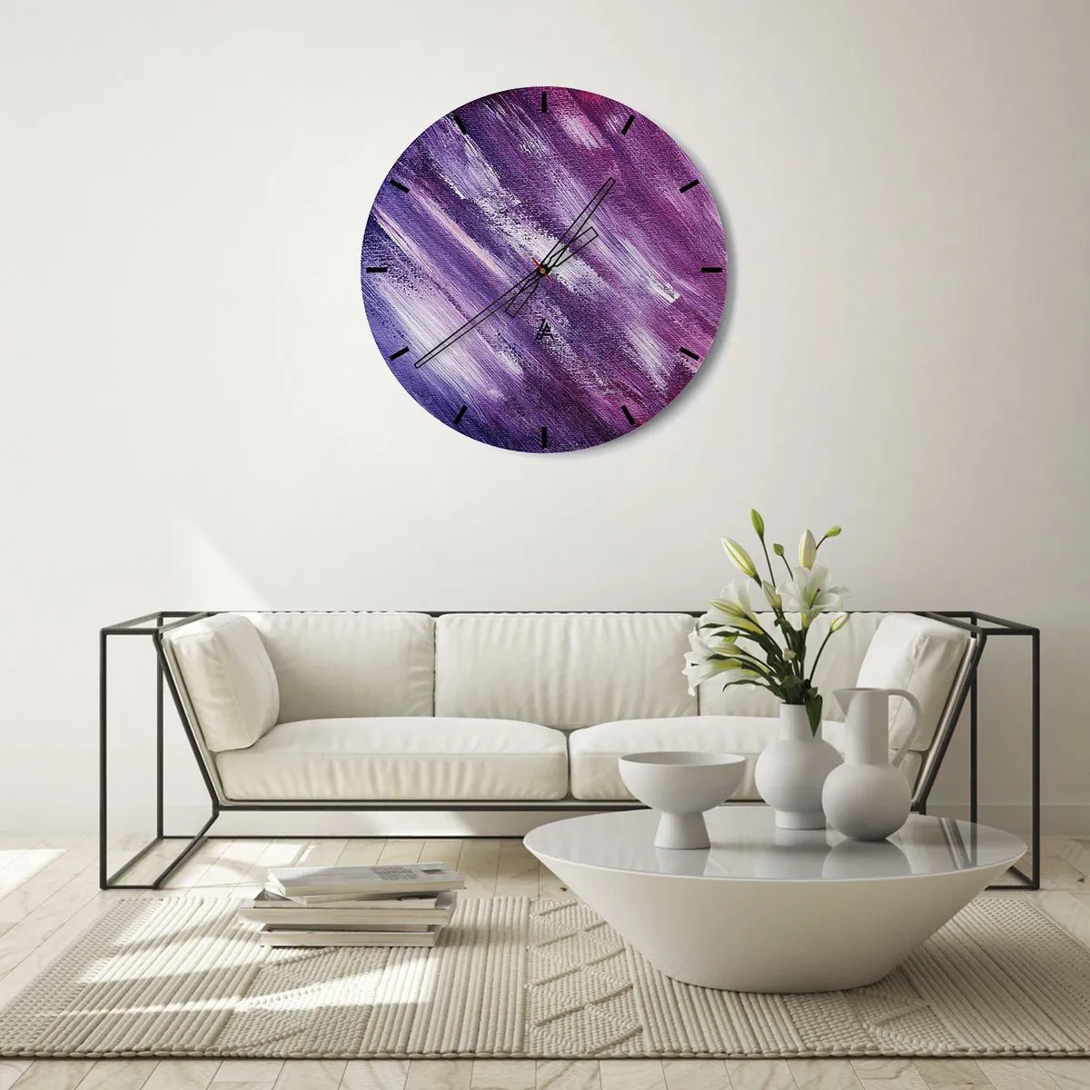Ceas de perete - Ceas pe sticlă - Pensule abstracte în nuanțe de violet și roz - 30x30cm - Când bate vântul însorit - Decorațiune modernă pentru perete pentru living, bucătărie și dormitor ARTTOR