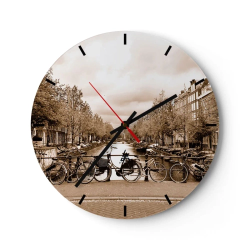 Ceas de perete - Ceas pe sticlă - Canalul Sepia Bike - 30x30cm - Atmosfera olandeză - Decorațiune modernă pentru perete pentru living, bucătărie și dormitor ARTTOR