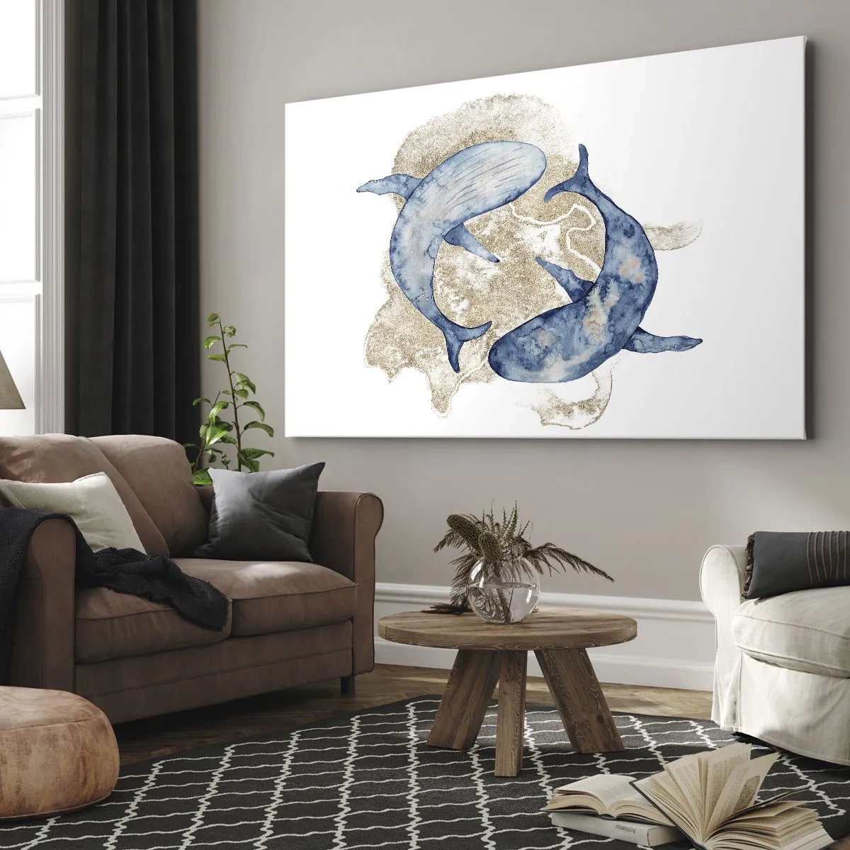 Tablou pe pânză Canvas - Balene albastre abstracte pe un fundal deschis - 70x50cm - Prietenie sau iubire? - Decorațiune modernă pentru perete pentru living și dormitor ARTTOR