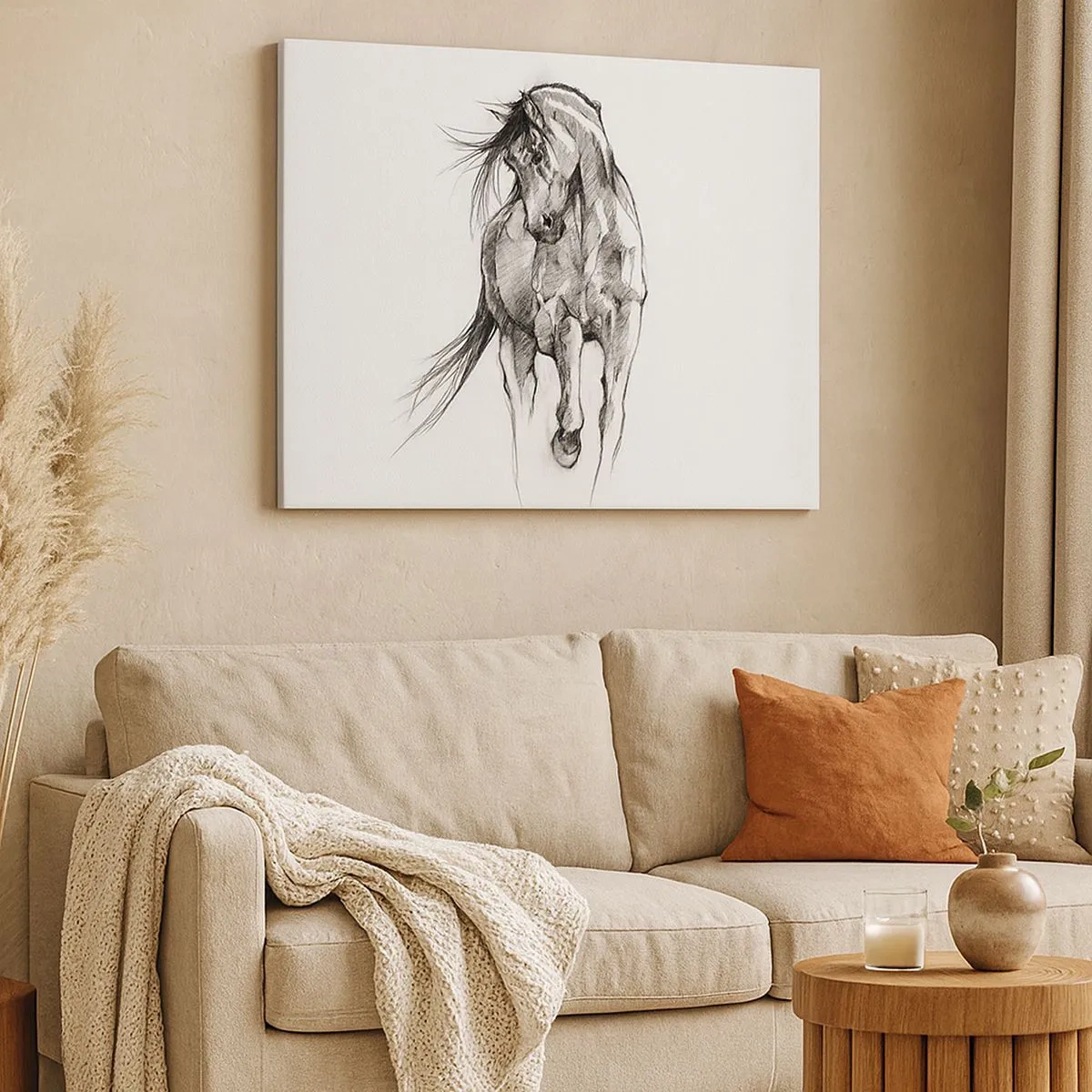 Tablou pe pânză Canvas - Schiță alb-negru a unui cal în galop - 70x50cm - Într-un trap grațios - Decorațiune modernă pentru perete pentru living și dormitor ARTTOR