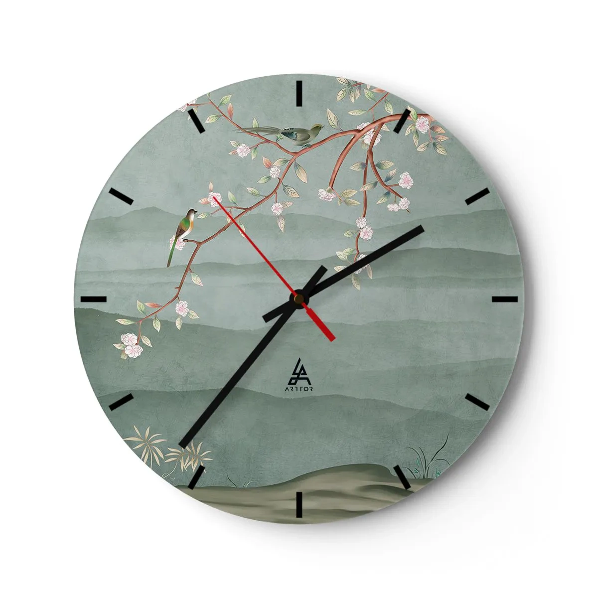 Ceas de perete - Ceas pe sticlă - O creangă cu flori și păsări pe un fundal de dealuri verzi - 30x30cm - Primăvara, ah, tu ești - Decorațiune modernă pentru perete pentru living, bucătărie și dormitor ARTTOR