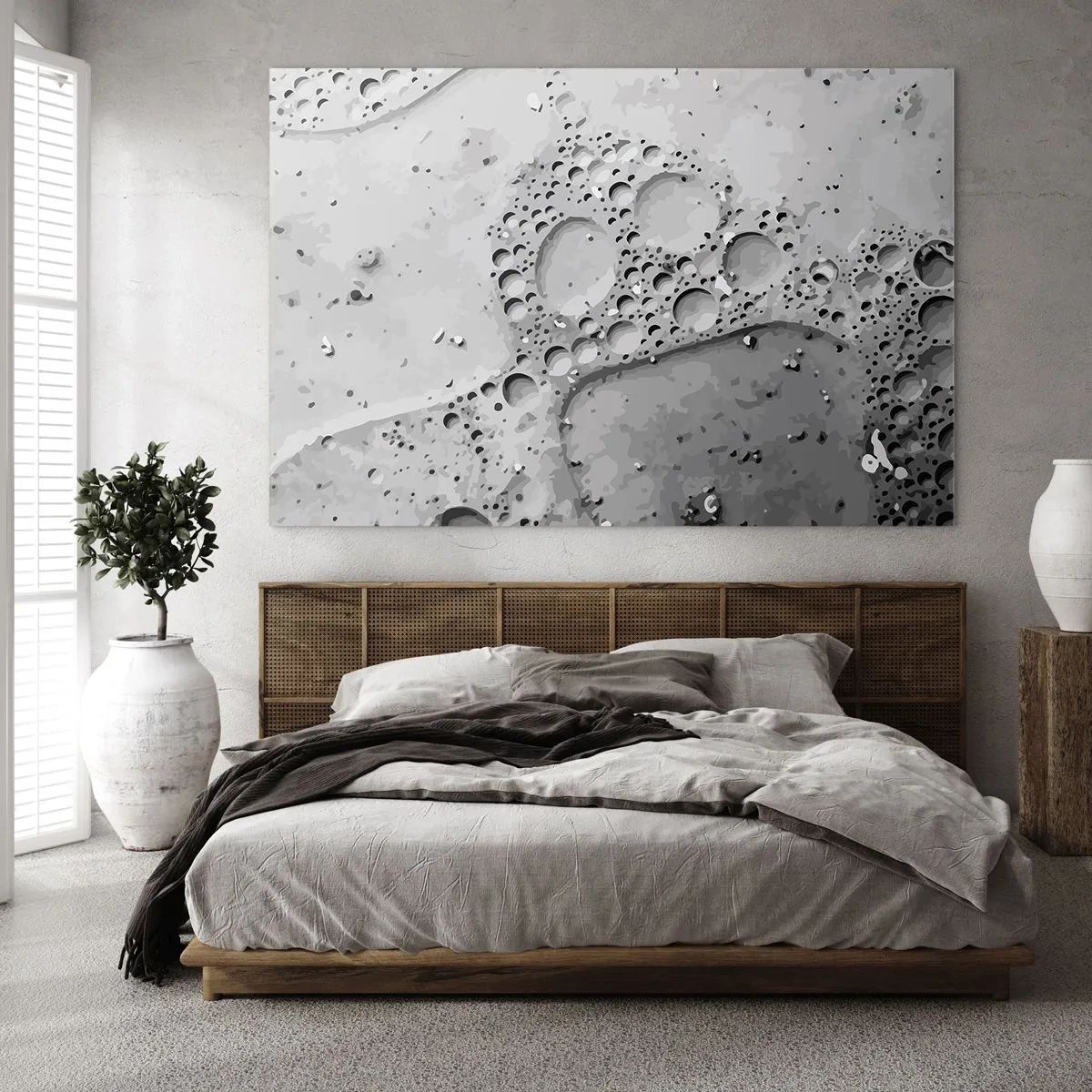 Tablou pe sticlă - Model abstract cu bule pe suprafață în nuanțe de gri - 70x50cm - Amprenta spumoasă - Decorațiune modernă pentru perete pentru living și dormitor ARTTOR