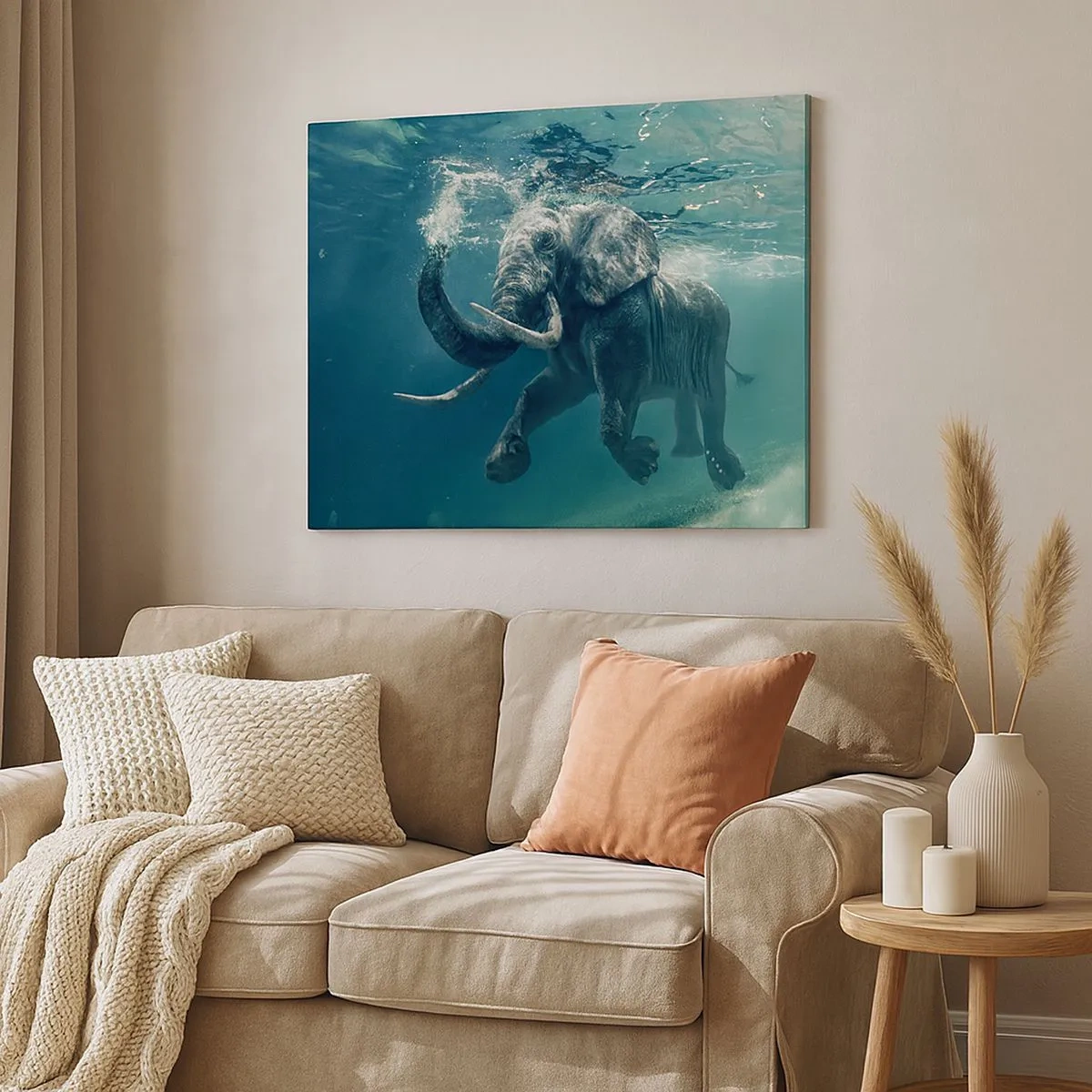 Tablou pe pânză Canvas - Un elefant înoată sub apă în adâncurile turcoaz - 70x50cm - Tuturor le place să înoate - Decorațiune modernă pentru perete pentru living și dormitor ARTTOR