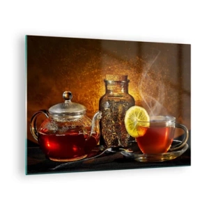 Tablou pe sticlă - Un ceainic de sticlă și o ceașcă de ceai cu lămâie - 70x50cm - În stilul maeștrilor olandezi - Decorațiune modernă pentru perete pentru living și dormitor ARTTOR