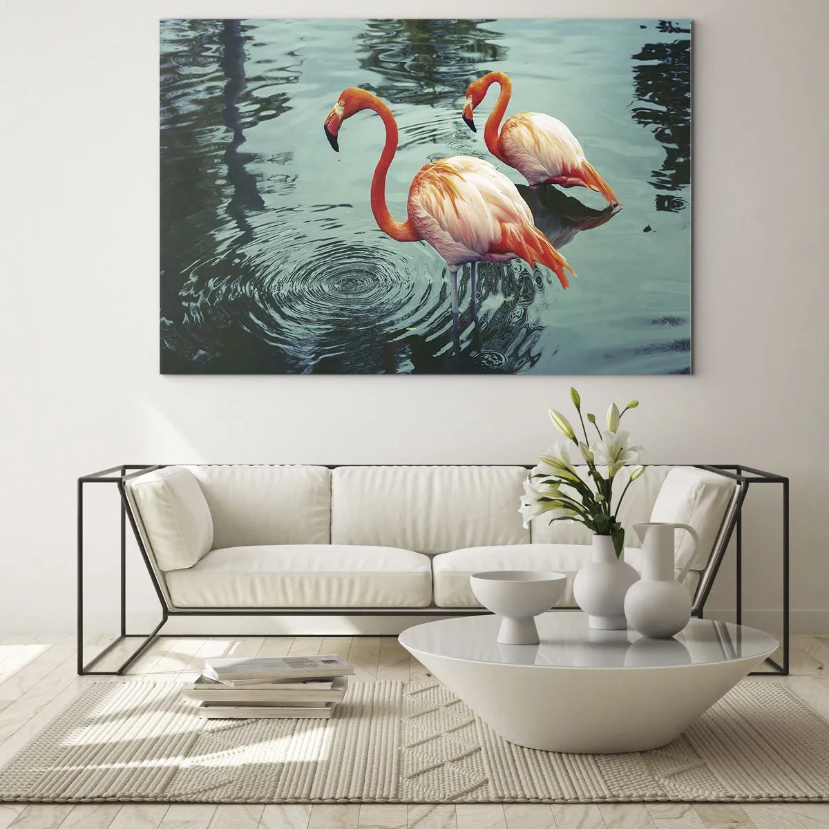 Tablou pe sticlă - Flamingo pe apă într-o compoziție armonioasă - 70x50cm - Suntem bune de revistele de modă - Decorațiune modernă pentru perete pentru living și dormitor ARTTOR
