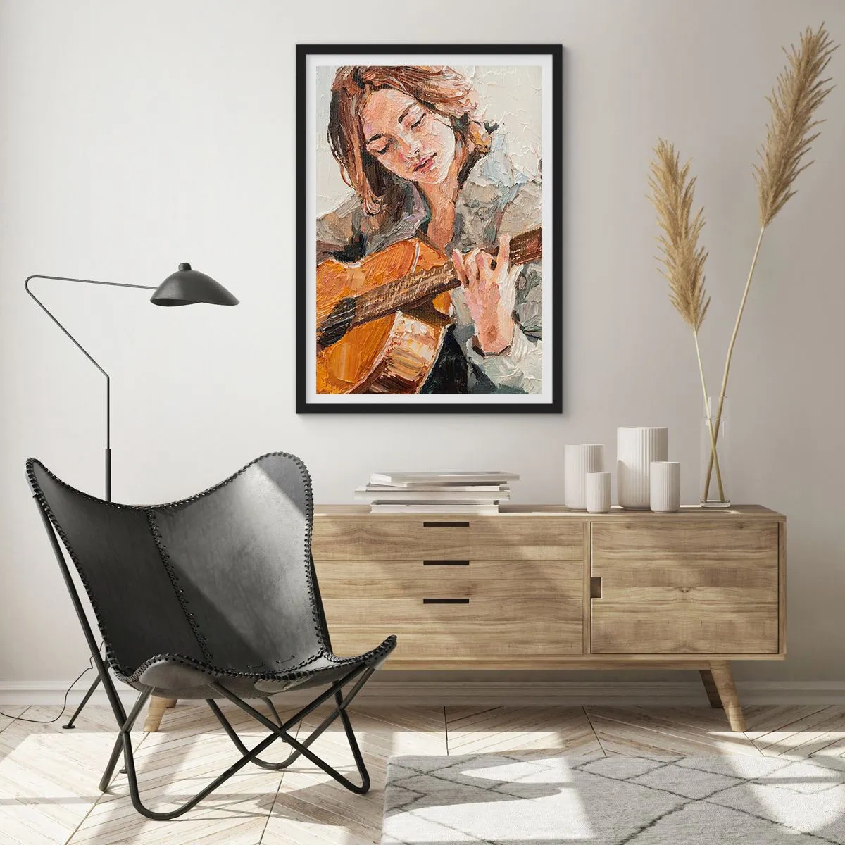 Poster în ramă neagră - Portretul unei femei care cântă la chitară în stil impasto - 50x70cm - Concert pentru chitară și inima unei fete - Decorațiune modernă pentru perete pentru living și dormitor ARTTOR