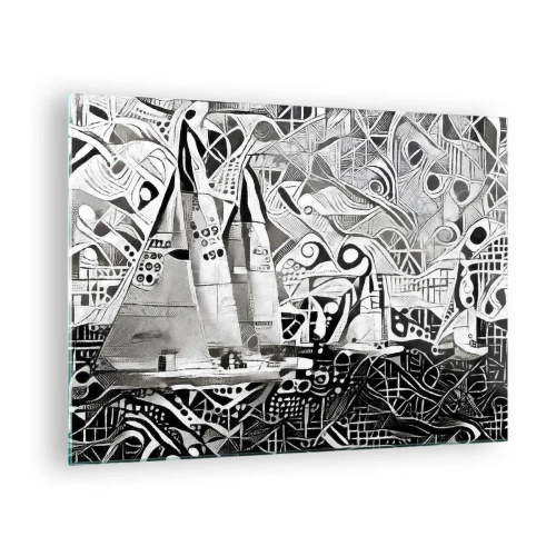 Tablou pe sticlă - Abstracție alb-negru cu bărci cu pânze și modele geometrice - 70x50cm - Între valuri - Decorațiune modernă pentru perete pentru living și dormitor ARTTOR