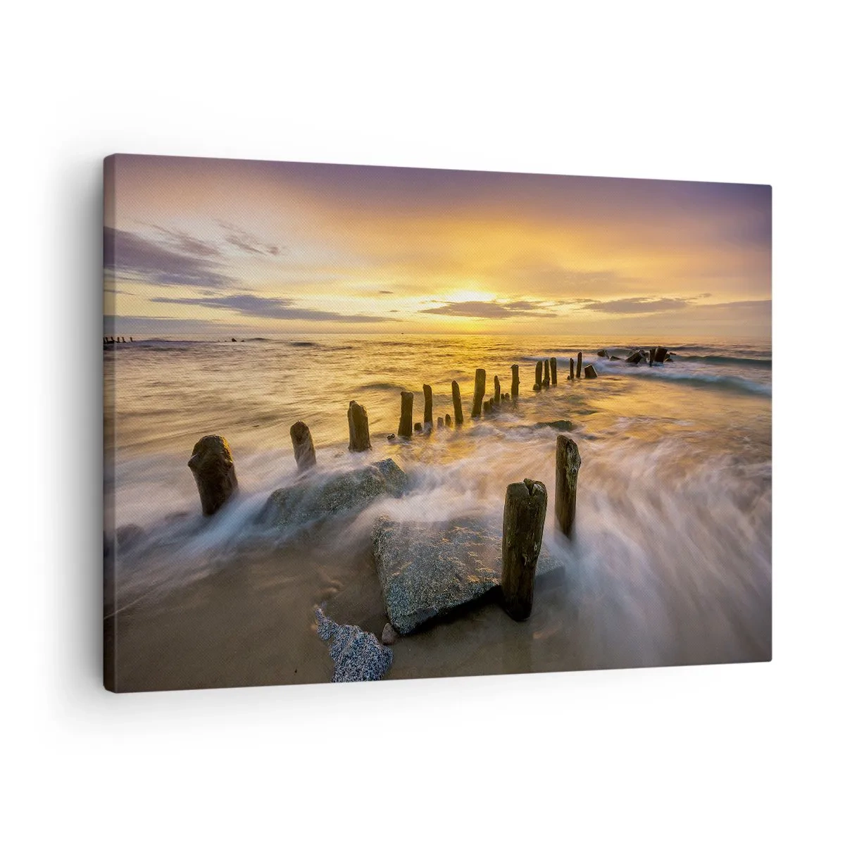 Tablou pe pânză Canvas - Apus de soare peste mare cu rămășițele unui vechi dig - 70x50cm - Frumusețe brută a mării - Decorațiune modernă pentru perete pentru living și dormitor ARTTOR