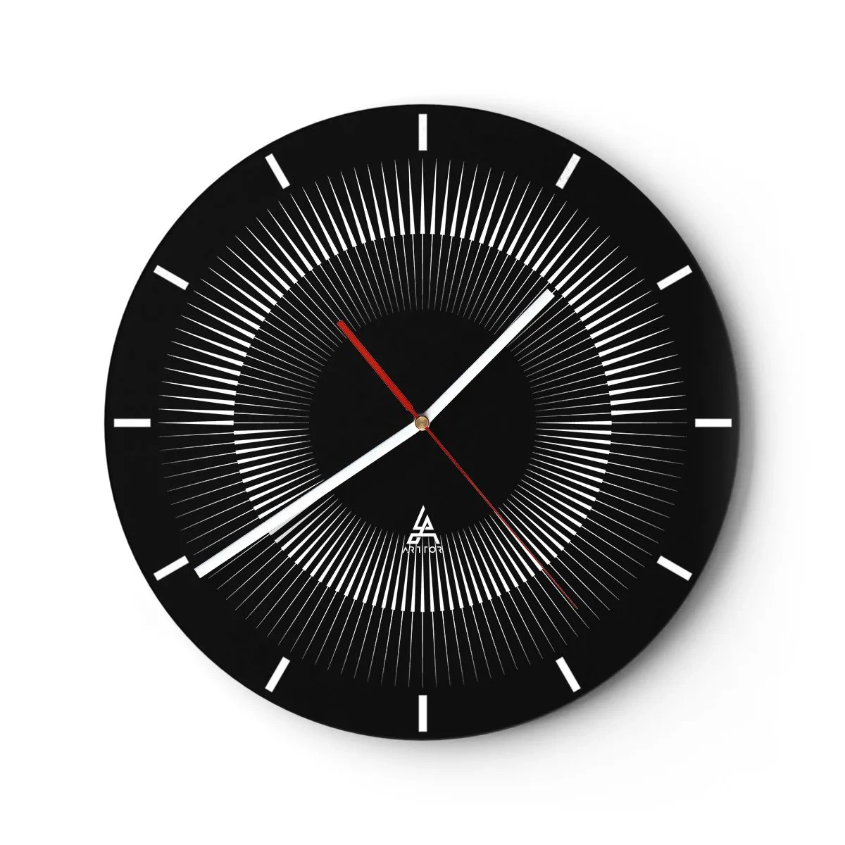 Ceas de perete - Ceas pe sticlă - Fundal negru cu un model radiant sub forma unui disc solar - 30x30cm - Soarele Negru - Decorațiune modernă pentru perete pentru living, bucătărie și dormitor ARTTOR