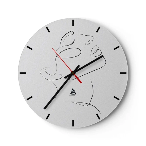 Ceas de perete - Ceas pe sticlă - Un portret minimalist al unei femei realizat cu linii pe fundal alb. - 30x30cm - Meandrele unui vis - Decorațiune modernă pentru perete pentru living, bucătărie și dormitor ARTTOR