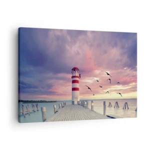 Tablou pe pânză Canvas - Un far pe dig înconjurat de un apus de soare pitoresc - 70x50cm - Să ne întoarcem în port - Decorațiune modernă pentru perete pentru living și dormitor ARTTOR