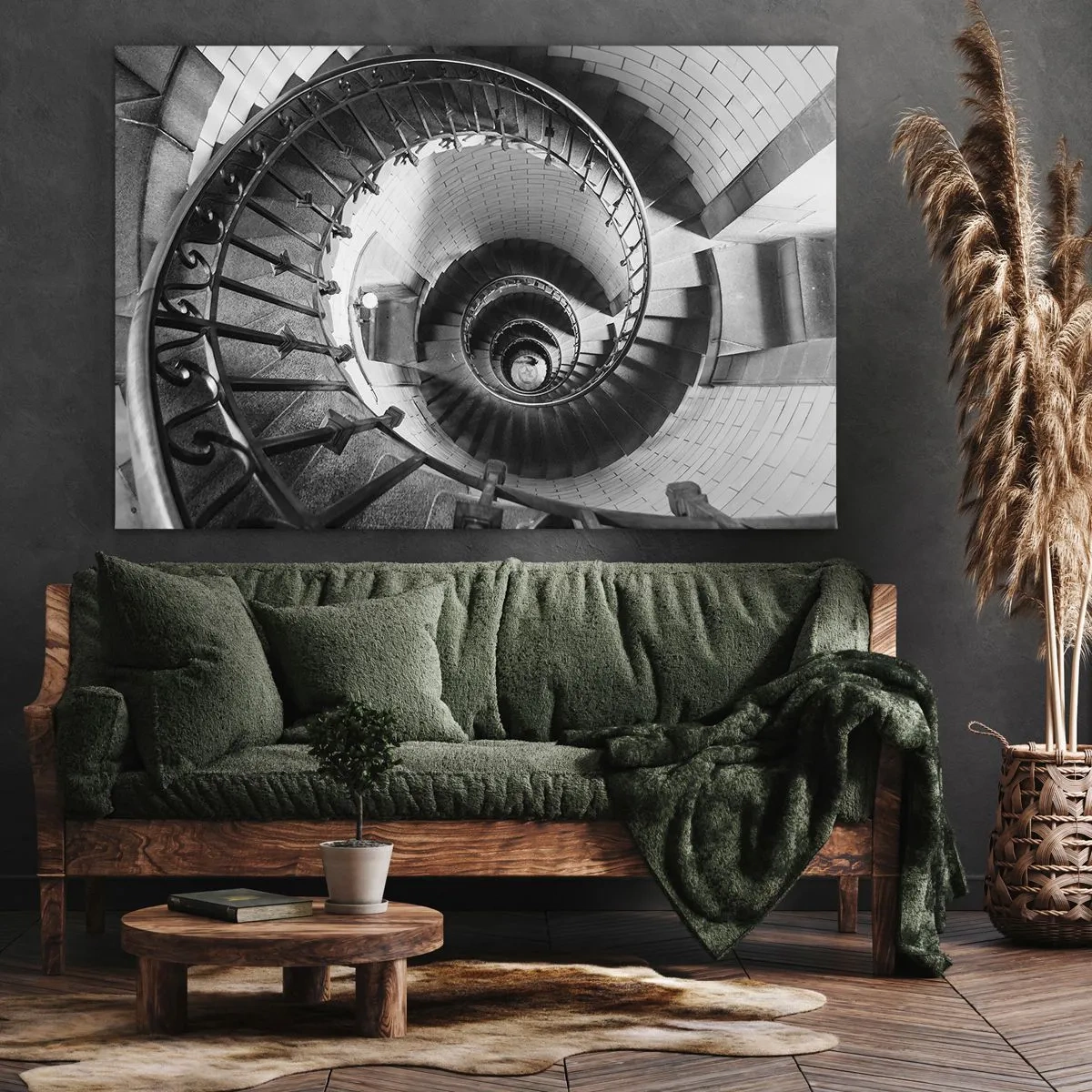 Tablou pe pânză Canvas - Fotografie alb-negru a unei scări în spirală cu perspectivă de sus în jos - 70x50cm - Din ce în ce mai sus - Decorațiune modernă pentru perete pentru living și dormitor ARTTOR
