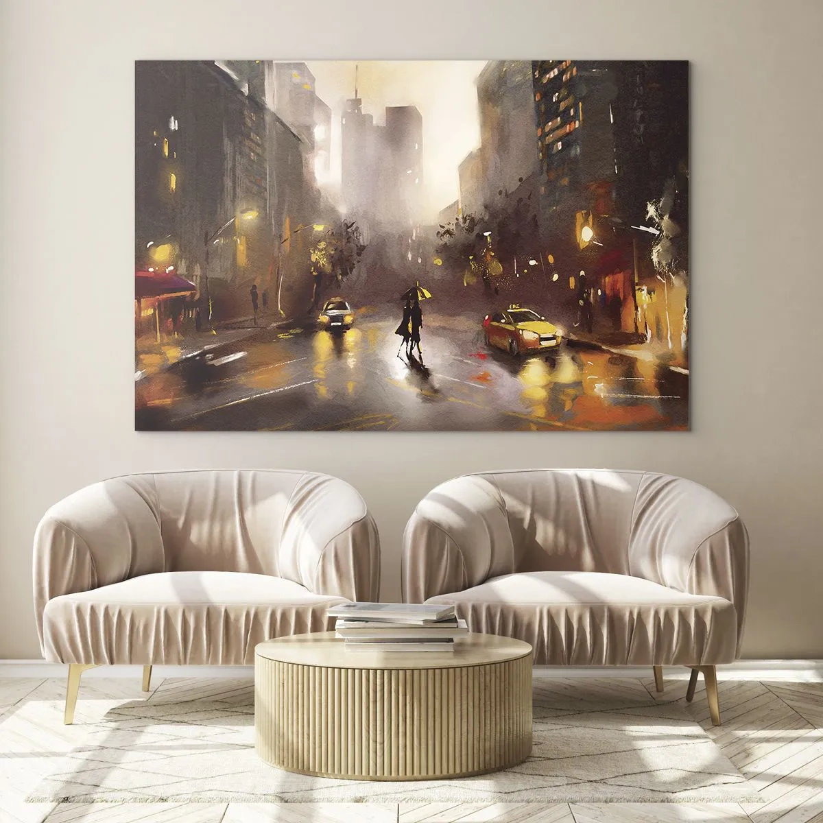Tablou pe sticlă - Oraș noaptea în ploaie cu taxiuri și silueta unui cuplu - 70x50cm - În luminile New York-ului - Decorațiune modernă pentru perete pentru living și dormitor ARTTOR