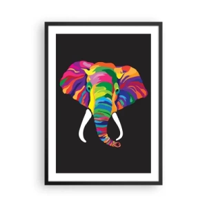 Poster în ramă neagră - O imagine colorată a unui elefant pe un fundal negru - 50x70cm - Elefantul căruia îi plăcea să se scalde în curcubeu - Decorațiune modernă pentru perete pentru living și dormitor ARTTOR
