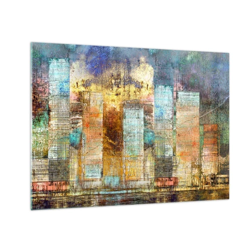 Tablou pe sticlă - Panoramă abstractă colorată a zgârie-norilor orașului într-un stil artistic - 70x50cm - Metropola însorită - Decorațiune modernă pentru perete pentru living și dormitor ARTTOR