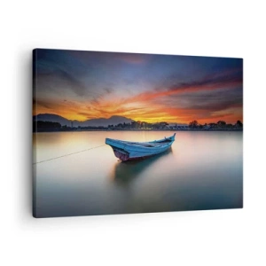 Tablou pe pânză Canvas - O barcă pe apă în timpul unui apus pitoresc - 70x50cm - O noapte bună înainte - Decorațiune modernă pentru perete pentru living și dormitor ARTTOR