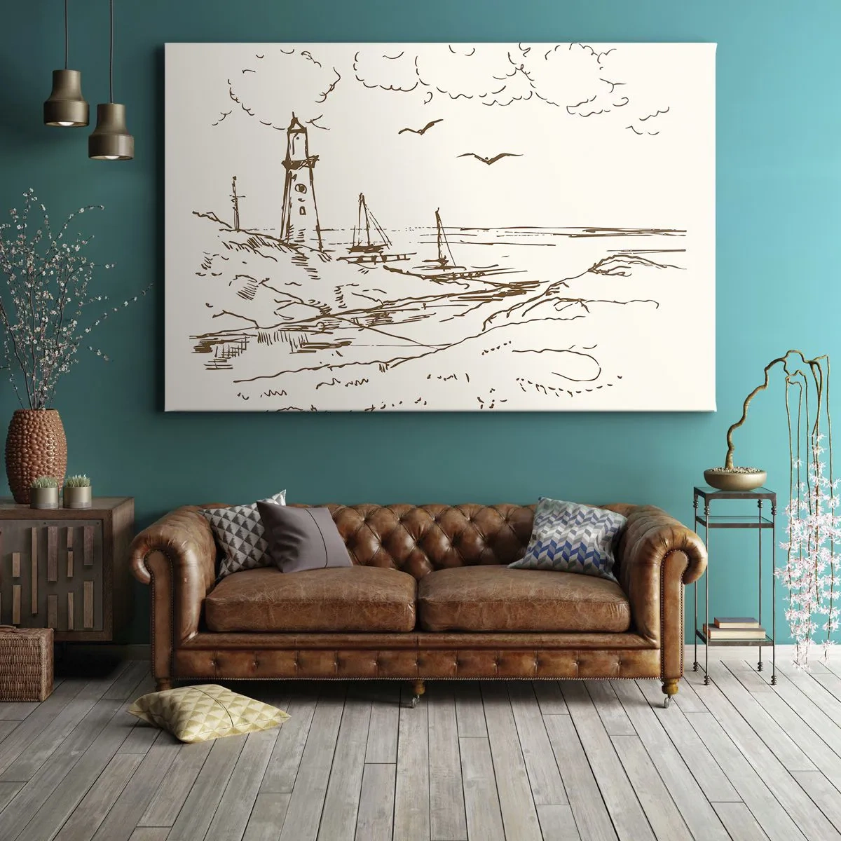 Tablou pe pânză Canvas - Schiță a unui far cu vedere la mare - 70x50cm - Schiță de amintiri de vară - Decorațiune modernă pentru perete pentru living și dormitor ARTTOR